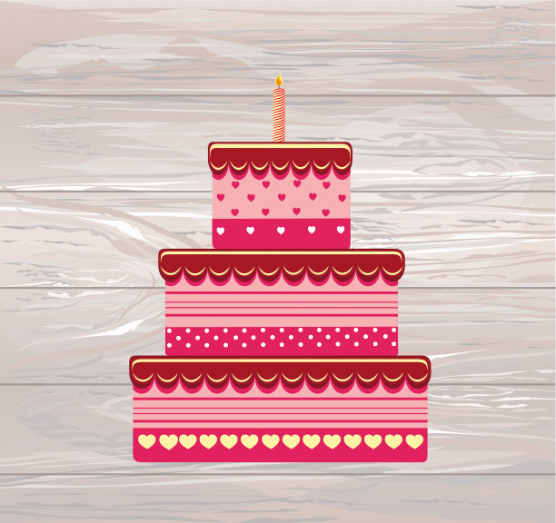 喜庆的大蛋糕。生日快乐。贺卡或假日请帖。木制背景上的矢量图片下载