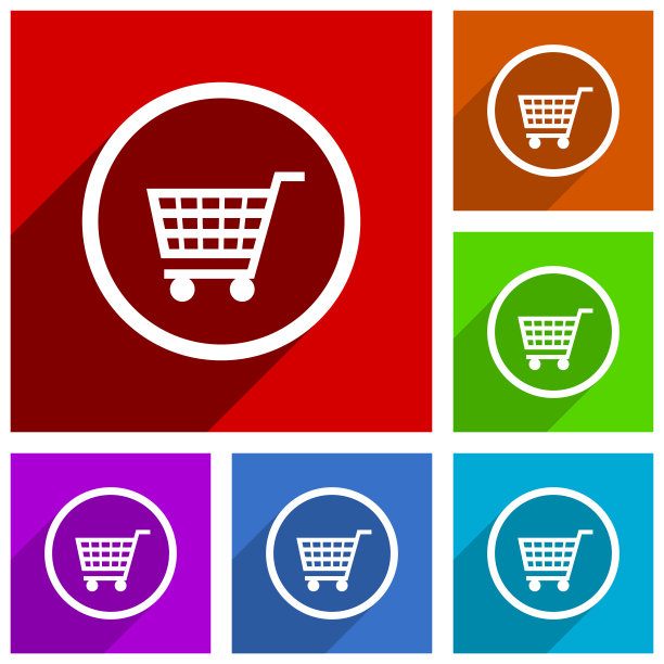 购物车平面设计矢量图标集。彩色按钮用于网页设计和android智能手机和移动电话应用程序。图片下载