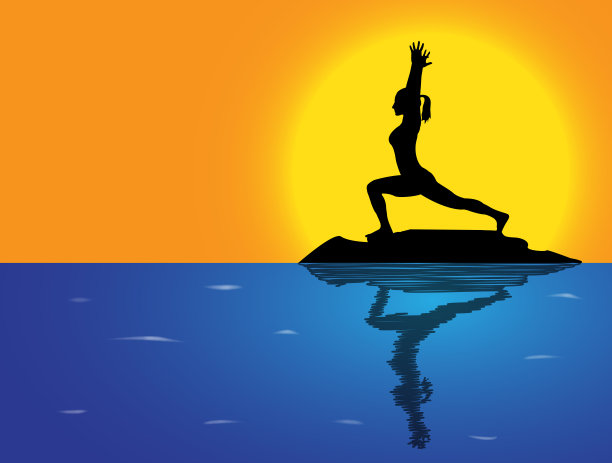 瑜伽高弓步姿势海洋背景图片下载