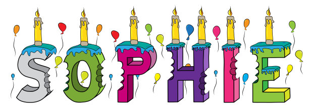 苏菲的第一个名字是咬彩色的3d字母生日蛋糕，上面有蜡烛和气球图片下载
