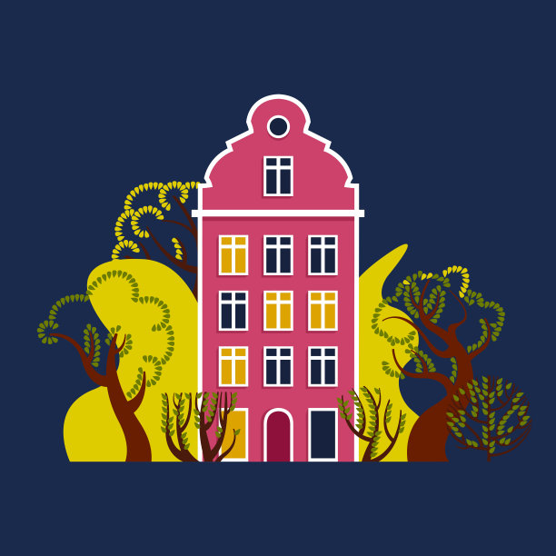 在树木和灌木丛中有一扇发光的窗户的晚上的房子。城市欧洲景观环境。矢量插图。图片下载