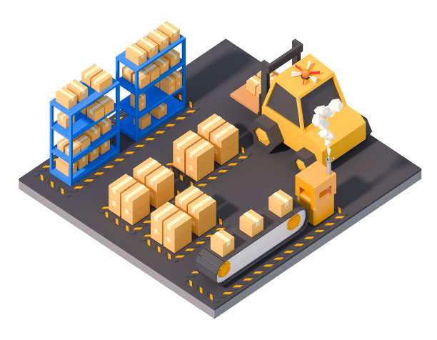 仓库存储产品物流操作等距低聚美术工厂工作生产线隔离在白色3d渲染。图片下载