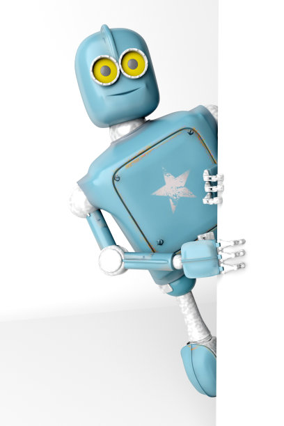 机器人复古风格从墙后的横幅窥视。3 d渲染。图片下载