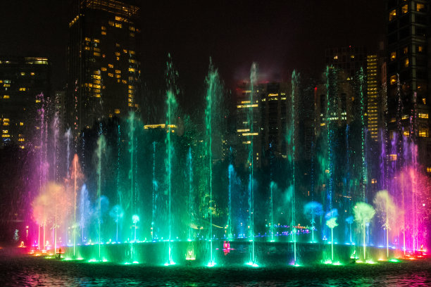 在摩天大楼背景下的灯光喷泉的夜晚照片图片下载