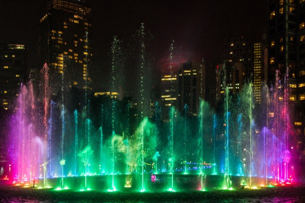 在摩天大楼背景下的灯光喷泉的夜晚照片图片下载