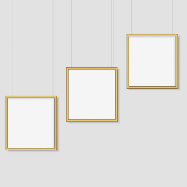 白色的海报挂。白色背景与模拟的空黄金框架。向量。图片下载