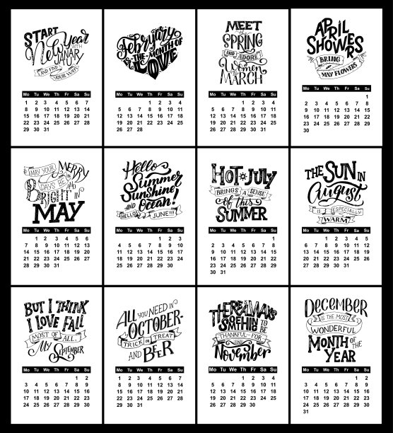 矢量日历为月2 0 1 8。手绘字母报价日历设计图片下载
