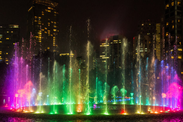 在摩天大楼背景下的灯光喷泉的夜晚照片图片下载