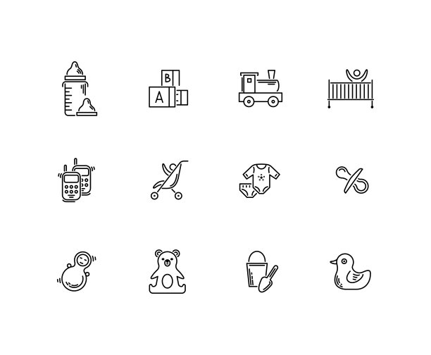 细线婴儿图标玩具，喂养和照顾图片下载