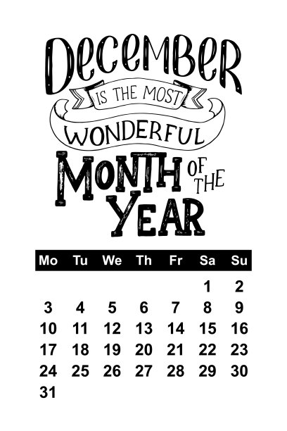 2018年12月矢量日历。手绘字母报价日历设计图片下载