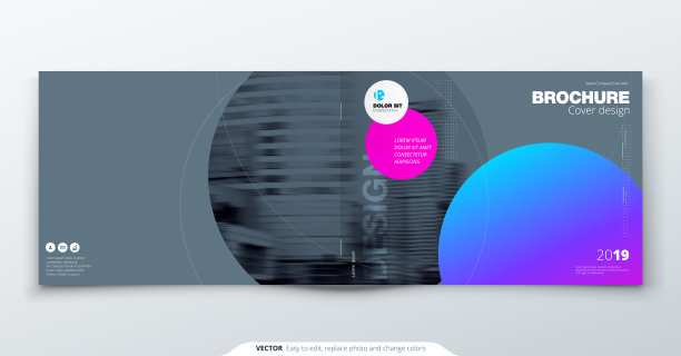 银灰色宣传册设计。水平封面模板的小册子，报告，目录，杂志。布局与梯度圆形形状和抽象照片背景。小册子概念图片下载