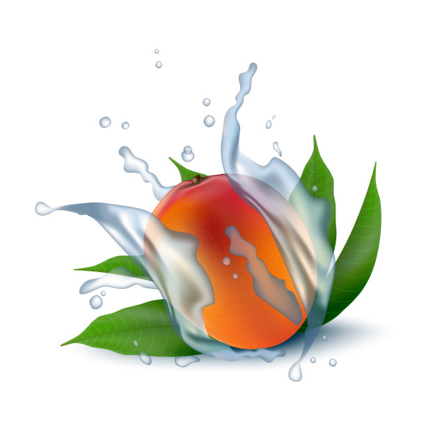 新鲜的3d现实芒果与水牛奶酸奶飞溅滴孤立的白色背景。向量EPS10。图片下载