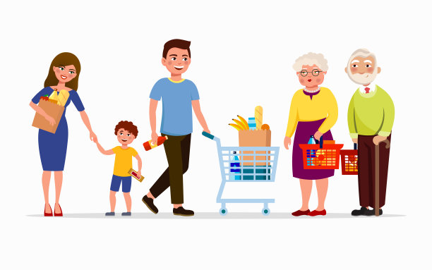 人们在超市买东西。男人和女人在购物中心。家人在商店里，妈妈、爸爸、儿子和奶奶带着爷爷带的篮子和卡通袋矢量平面插图。图片下载