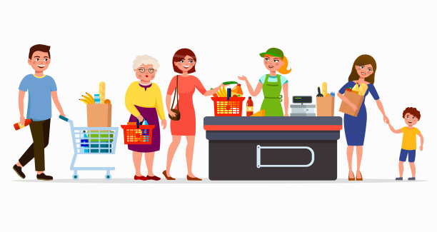 各种扁平的人在超市的收银台购买商品，收银员可爱。男人和女人在购物中心。家庭在商店用篮子和卡通袋矢量平面插图。图片下载