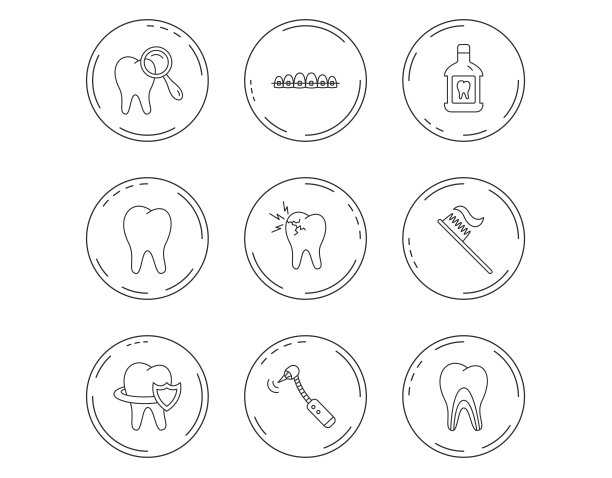 牙齿、牙套和漱口水图标。图片下载