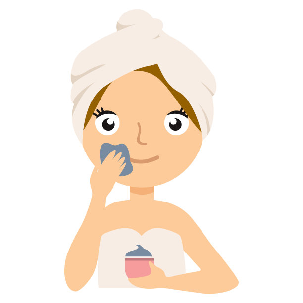 快速的结果。肖像的自信女士在浴衣和毛巾在头上看着相机喜悦，同时用粘土面膜触摸她的脸，同时使用抗衰老程序。孤立。美丽的概念图片下载