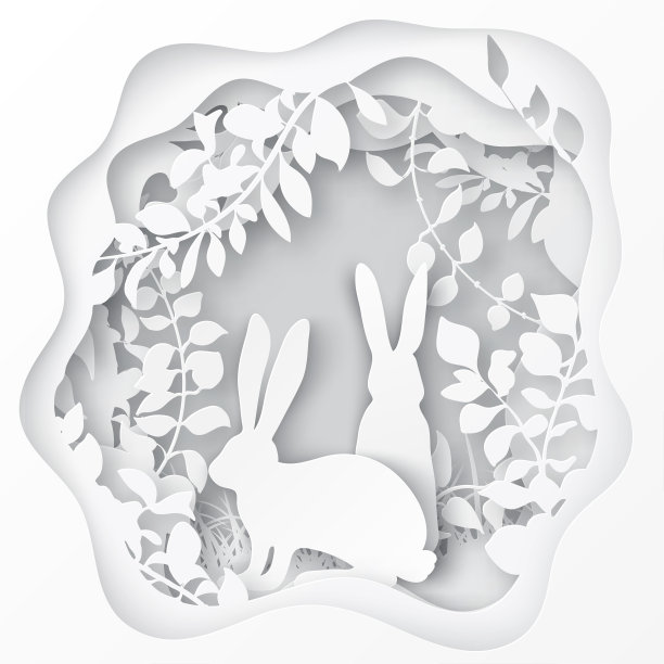 复活节纸艺术春天森林的草，树枝，树叶，树上覆盖着攀登者和一对复活节兔子。节日折纸概念，自然和动物的想法图片下载