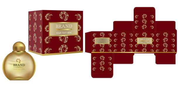 包装设计，化妆品容器上的标签与红色和金色豪华盒模板和模型盒。说明向量。图片下载