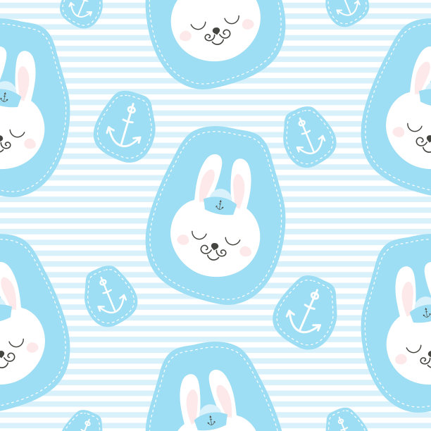 可爱的宝宝图案与小兔子。卡通动物男孩打印矢量无缝。航海背景与水手兔子补丁儿童生日派对，儿童卧室墙纸，婴儿纺织品。图片下载