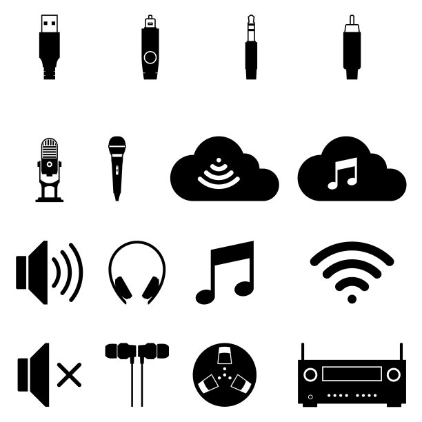 一组音频设备和连接图标。矢量平面图片下载