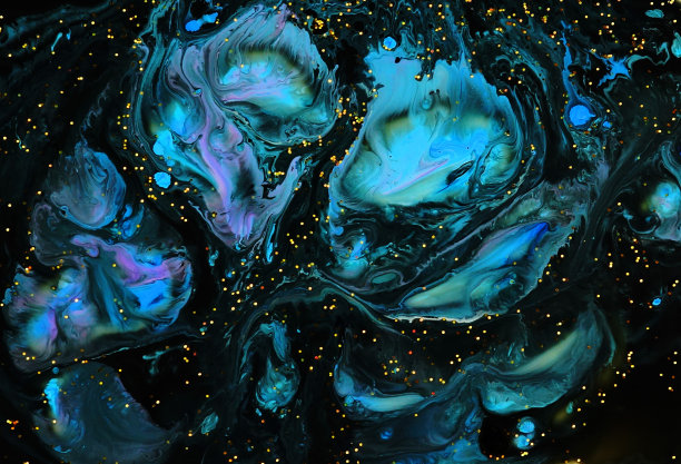 抽象大理石，黑色，蓝色，白色油漆和金色闪光的背景。亚克力纹理与大理石图案图片下载