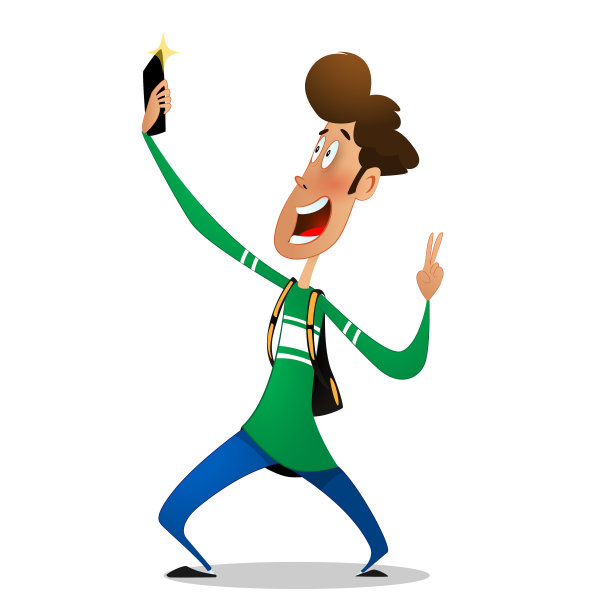 有趣的卡通少年用他的手机自拍素材图片