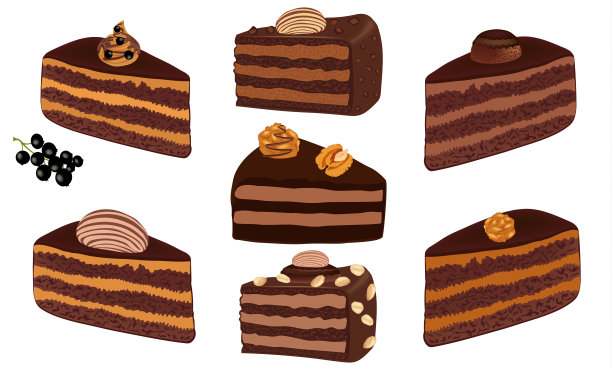 一套坚果和奶油巧克力蛋糕。蛋糕被切成薄片。甜点孤立在白色的背景。一块巧克力蛋糕特写。矢量插图。图片下载