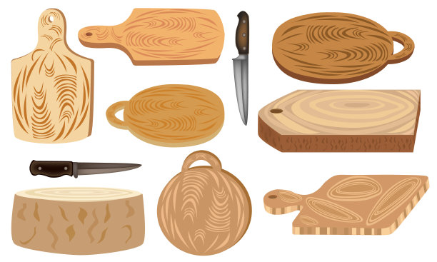 收集木砧板。厨房用具。一套切菜板和刀。矢量插图的厨房设备。图片下载