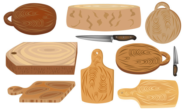 收集木砧板。厨房用具。一套切菜板和刀。矢量插图的厨房设备。图片下载