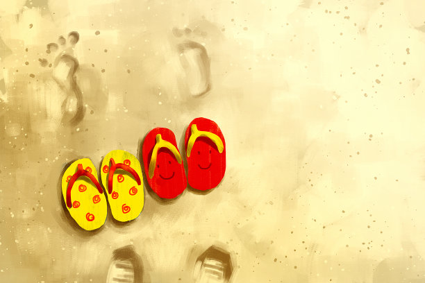 沙滩上的数字绘画凉鞋，帆布上的丙烯纹理，讲故事的插图图片下载