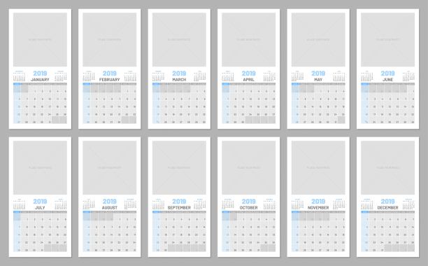 收集日历，每个月，2019年，复制空间，平面，模板图片下载