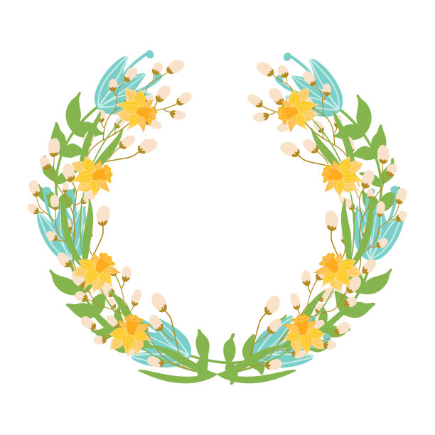 漂亮的复活节花环。优雅的花收集孤立的叶和花，手绘。为请柬、婚礼或贺卡设计图片下载