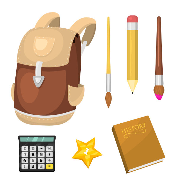 学校用品文具教育背包设备学习办公配件矢量插图图片下载