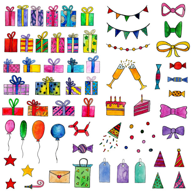 一套水彩插图为一个生日聚会。收集设计。图片下载