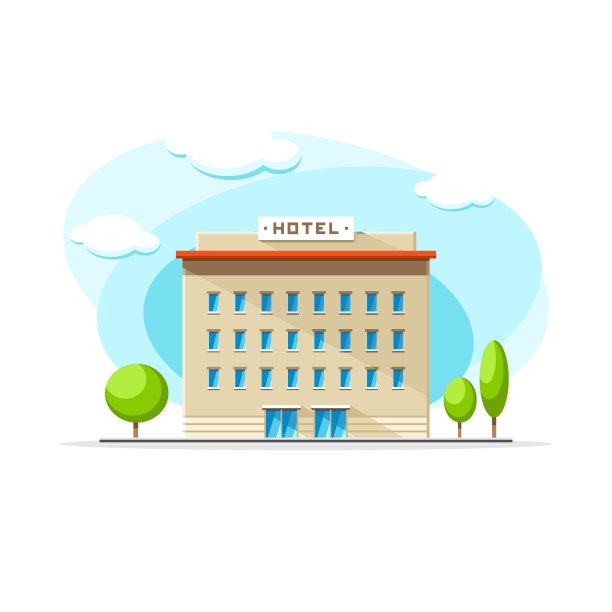 平面矢量复古酒店建筑彩色插图。城市住宅，公寓，住宅物体在孤立的白色背景上素材图片