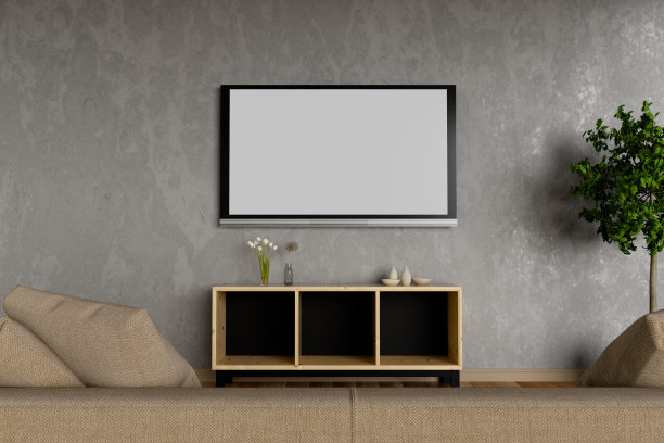 电视挂柜在客厅阁楼风格与沙发。3 d渲染。图片下载