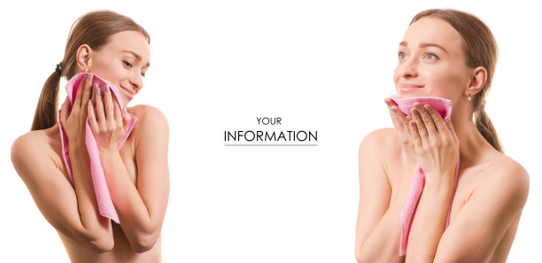 美丽的年轻女子美丽的脸，用毛巾擦拭面部，水疗美容定型图片下载