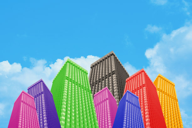 色彩斑斓的迷幻建筑与清澈的蓝天背景图片下载