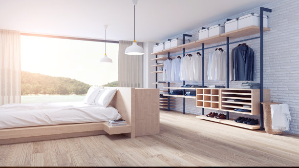 卧室和更衣室阁楼风格的室内设计，木床和木质衣柜家具，白色砖墙和拼花地板，3d渲染图片下载