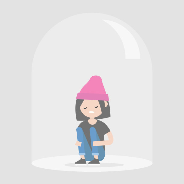 年轻不安的女性角色坐在玻璃穹顶下。内向的人。抑郁症。平面可编辑矢量插图，剪辑艺术图片下载