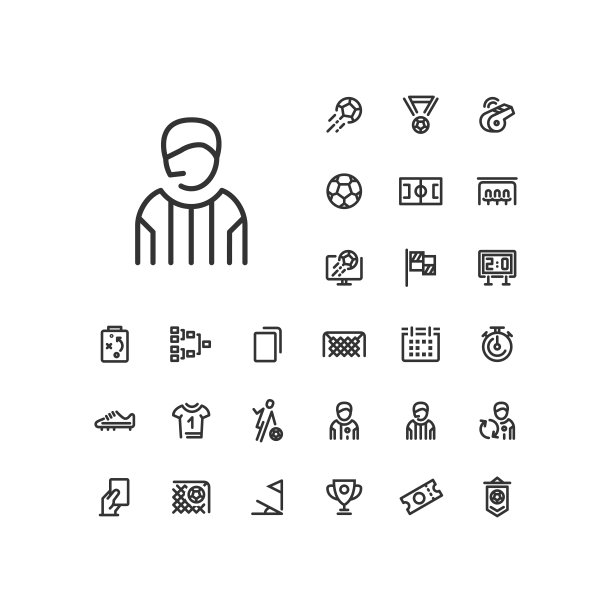 裁判图标设置在白色背景上。在网页和手机应用中使用的足球/足球线性图标。图片下载