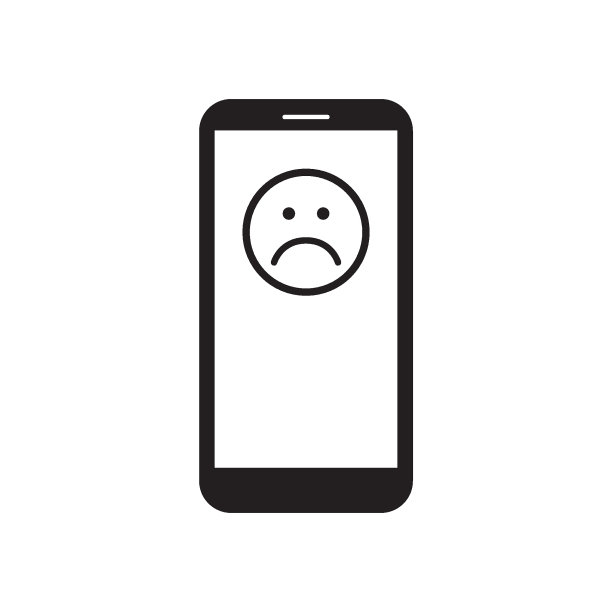 屏幕上有悲伤表情图标的智能手机。图片下载