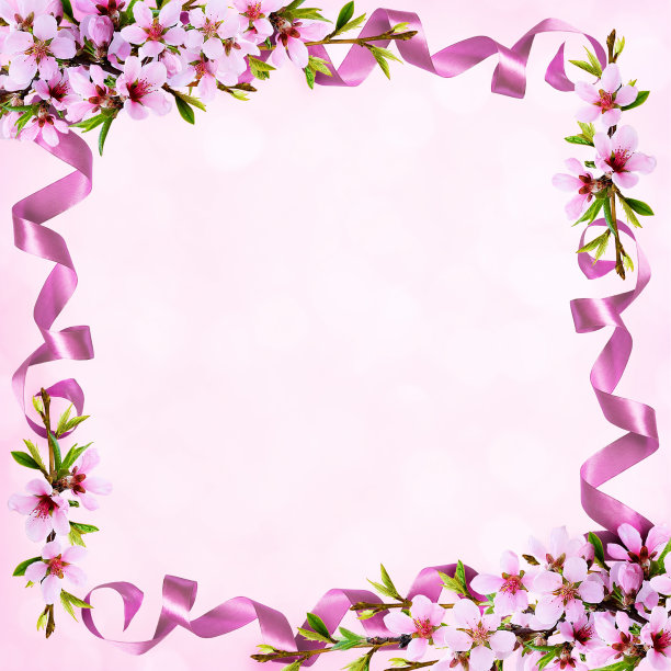 春日桃花枝与绸带相框图片下载