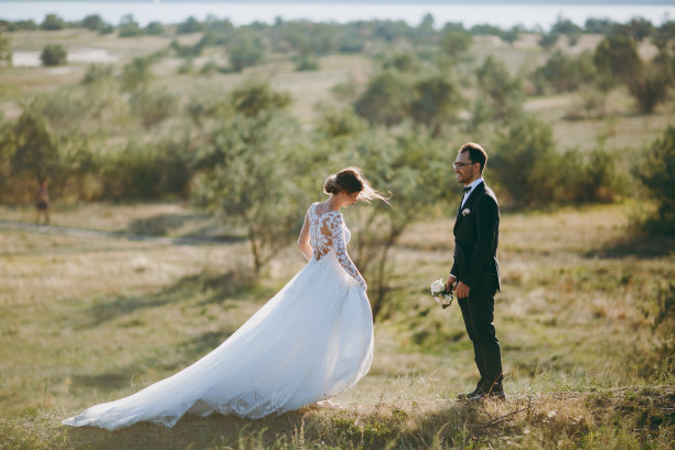 美丽的婚礼照片：绿地上身穿黑色西装的帅气新郎和身穿白色蕾丝礼服的新娘图片下载