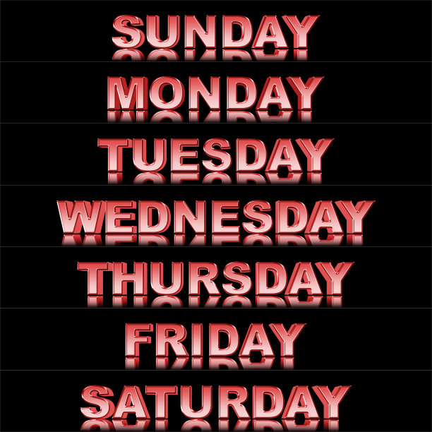 股票插图-闪亮的金属红色文本:周，周日到周六，3D插图，孤立的黑色背景。图片下载