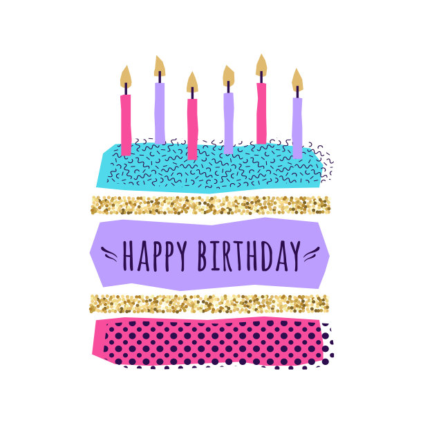 矢量可爱的生日贺卡与蛋糕，蜡烛和几何元素图片下载