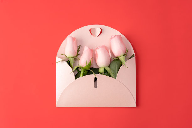 打开带玫瑰的信封，俯视图图片下载