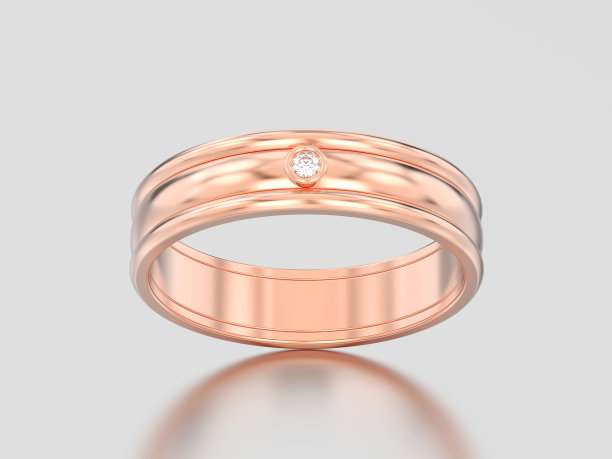 3D插图玫瑰金配对夫妇结婚钻石戒指图片下载