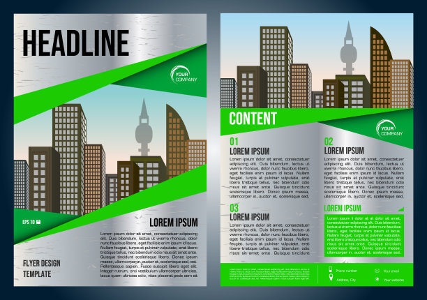 矢量传单，公司业务，年度报告，小册子设计和封面展示与金属纹理和绿色元素。图片下载