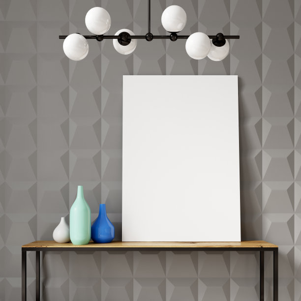 灰色几何图案的房间，桌子和海报图片下载